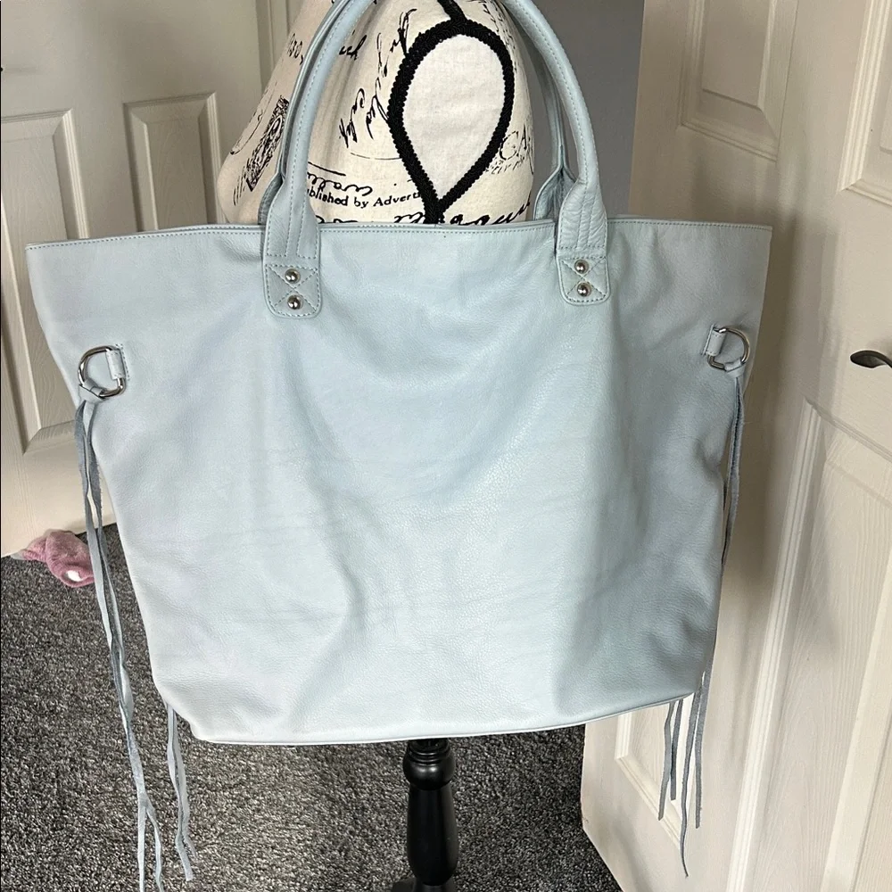 Tesse Light Blue Pebbled Leather Fringe Tote Bag‎ Large Handbag Boho Style